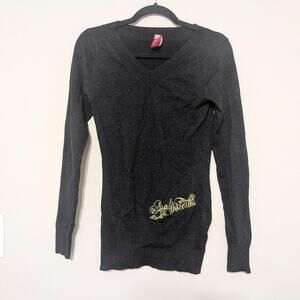 Y2K Apple Bottoms Downtown Girl Black V‎ Neck Sweater With Gold Embroidered Logo